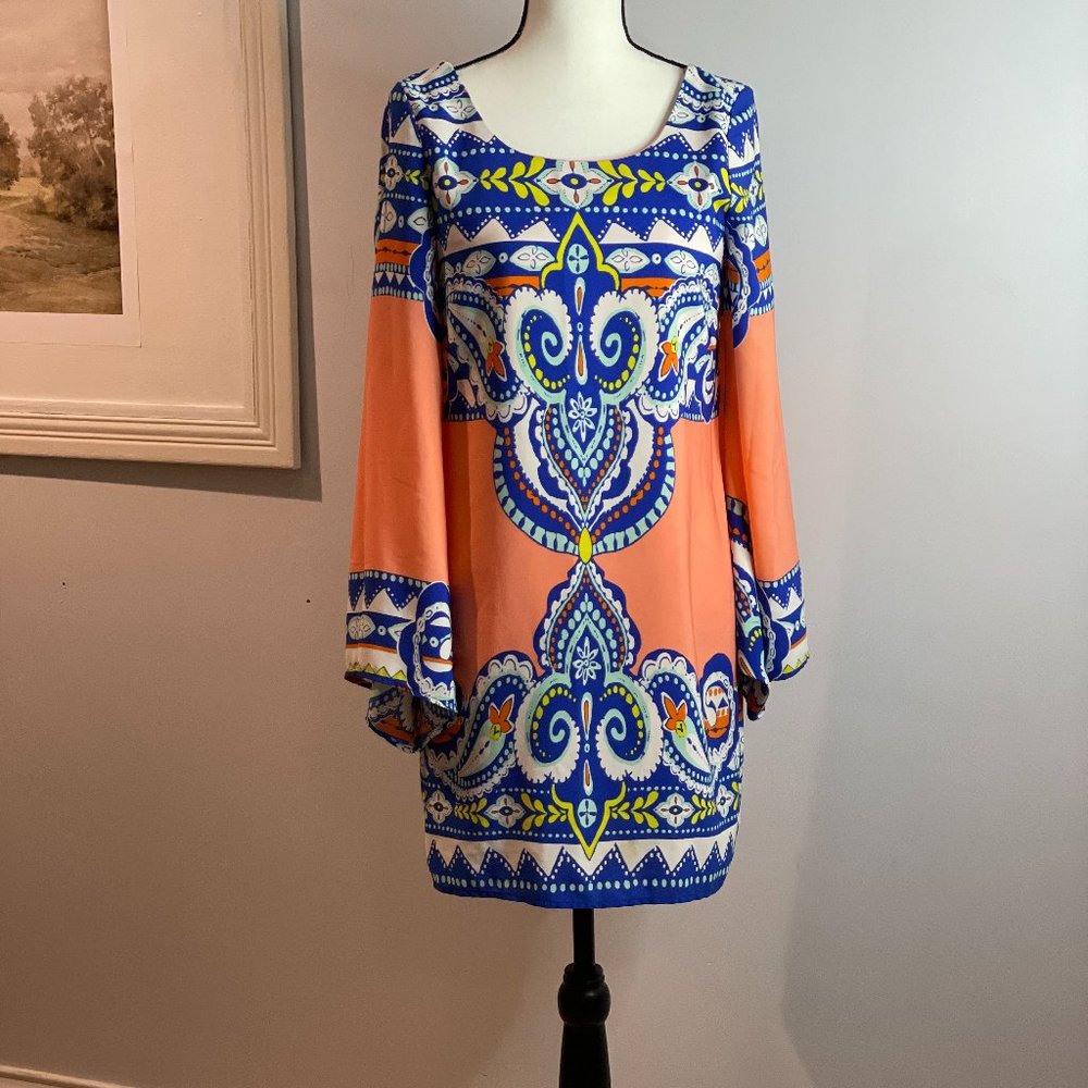 PINK OWL CORAL & BLUE PAISLEY PRINT BELL SLEEVE CUTOUT BACK SHIFT BOHO DRESS S